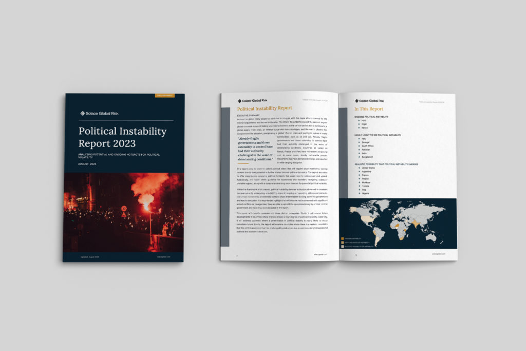 political instability report front cover and 2 page spread