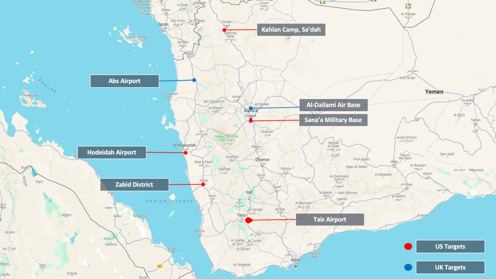 Map of US and UK Air Strikes against Houthi's in Yemen January 2024