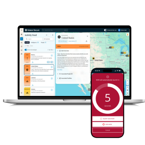 a laptop screen with intelligence alerts and phone with SOS screen