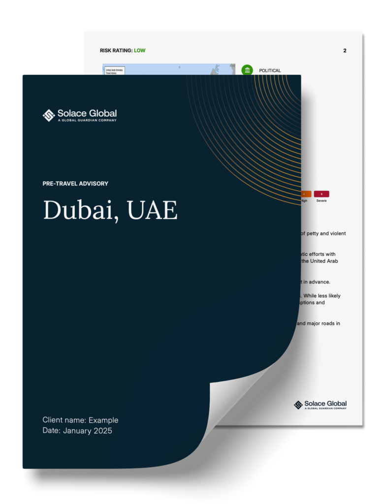 front cover and internal page of a pre-travel advisory